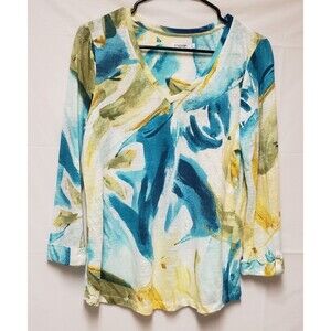 Chico Women's Multicolor Teal Blue V Neck Knit Long Sleeve Blouse Sz M PO Exc